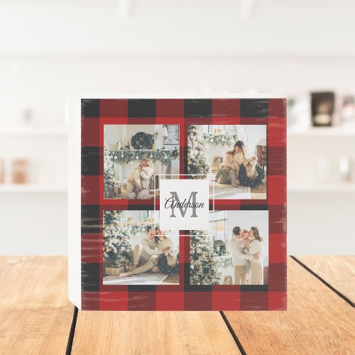 Red Buffalo Plaid  Collage Photo With Initial  Wooden Box Sign