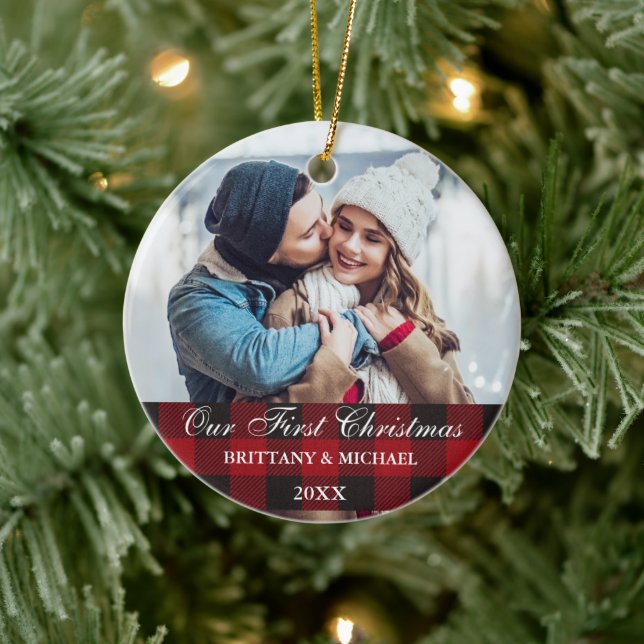 Red Buffalo Plaid Couple Our First Christmas Ceramic Ornament (Tree)