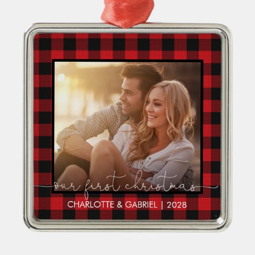 Red Buffalo Plaid Couple Our First Christmas Metal Ornament