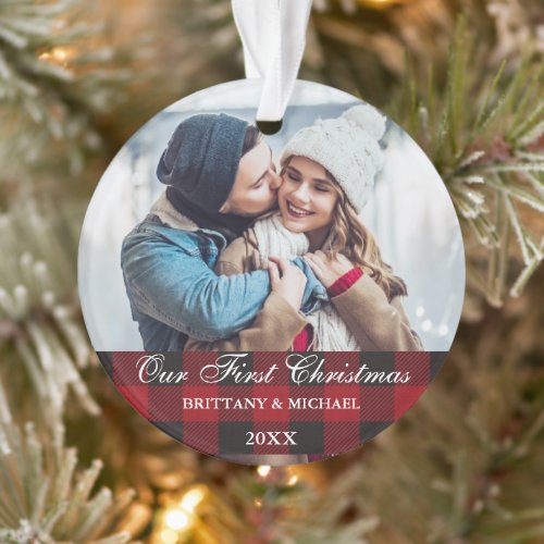 Red Buffalo Plaid Couple Our First Christmas Ornament