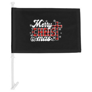 Red Buffalo Plaid Cross Merry Christmas Vintage Xm Car Flag