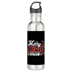 Red Buffalo Plaid Cross Merry Christmas Vintage Xm Stainless Steel Water Bottle
