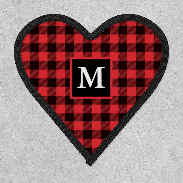 Red Buffalo Plaid Custom Monogram Heart Patch (Front)