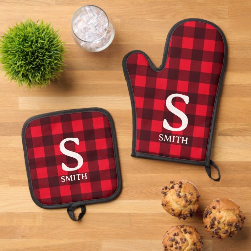 Red buffalo plaid custom monogram oven mitt  pot holder set