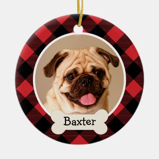Red Buffalo Plaid Custom Pet Puppy Dog Photo Ceramic Ornament