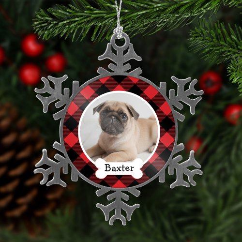 Red Buffalo Plaid Custom Pet Puppy Dog Photo Snowflake Pewter Christmas Ornament