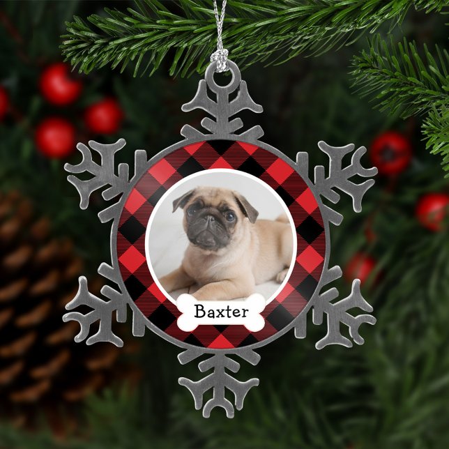 Red Buffalo Plaid Custom Pet Puppy Dog Photo Snowflake Pewter Christmas Ornament (Creator Uploaded)
