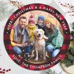 Red Buffalo Plaid Custom Photo Merry Christmas  Classic Round Sticker<br><div class="desc">Add the finishing touch to your envelopes, mailings and stationary with these red buffalo plaid custom photo stickers. Personalized these round christmas stickers with your favorite photo, pet photo, family photo with and greetings. These red and black plaid stickers are perfect for envelope seals and gift wrapping. COPYRIGHT © 2020...</div>