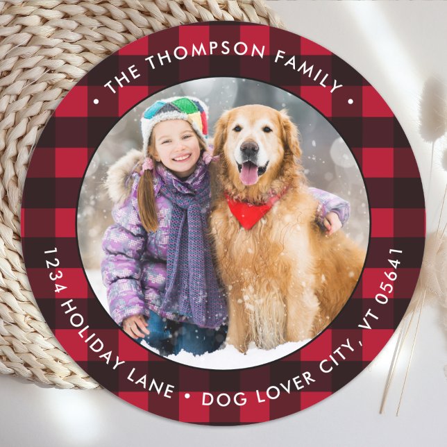 Red Buffalo Plaid Custom Photo Return Address Classic Round Sticker (Creator Uploaded)
