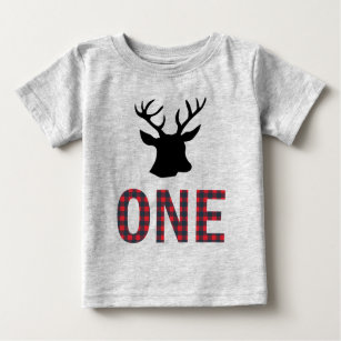 Red Buffalo Plaid Deer 1st Lumberjack Birthday Baby T-Shirt
