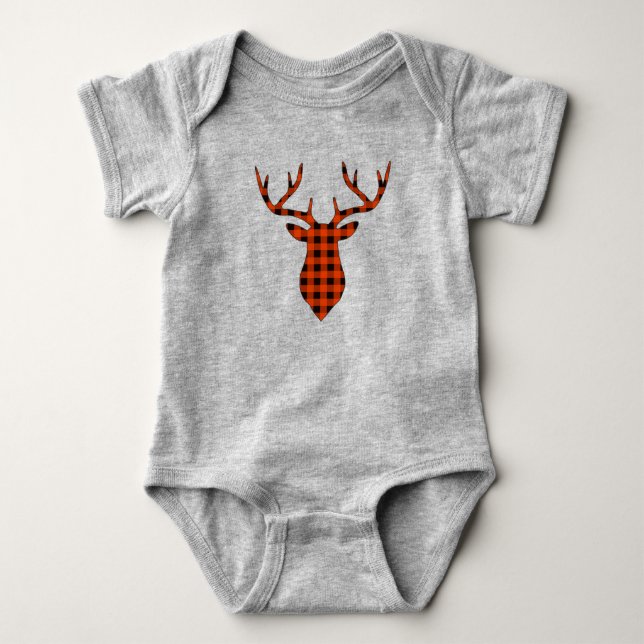 Red Buffalo Plaid Deer Buck Animal Baby Bodysuit (Front)