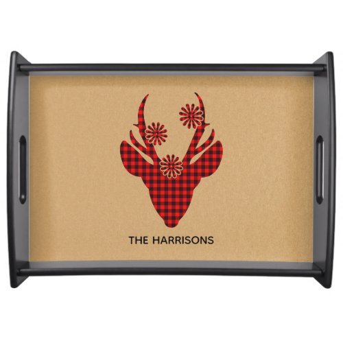 Red Buffalo Plaid Deer Farmhouse Personalized Serving Tray