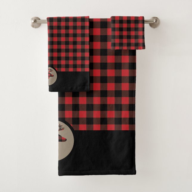 Red Buffalo Plaid Deer Head Bath Towel Set (Insitu)