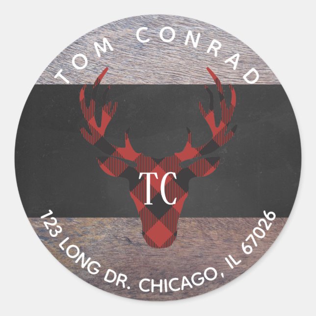 Red Buffalo Plaid Deer Head Monogram Address Label (Front)