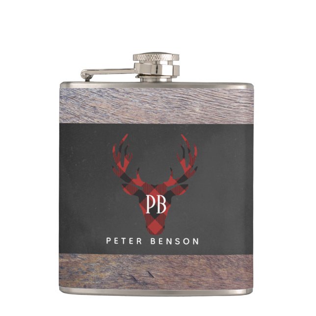 Red Buffalo Plaid Deer Head Monogram Flask (Front)