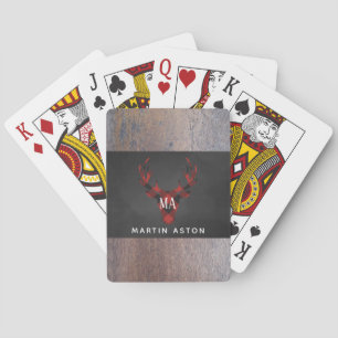 Red Buffalo Plaid Deer Head Monogram Poker Cards