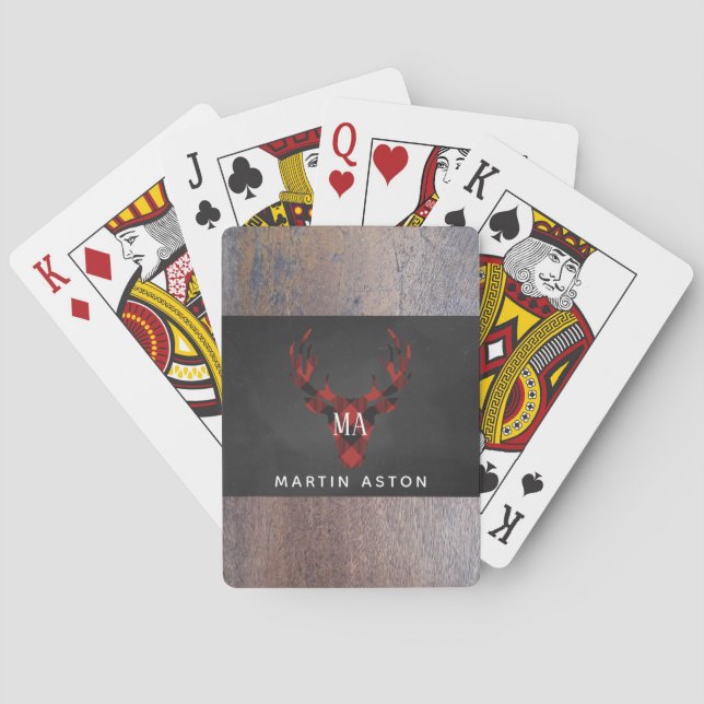 Red Buffalo Plaid Deer Head Monogram Poker Cards (Back)
