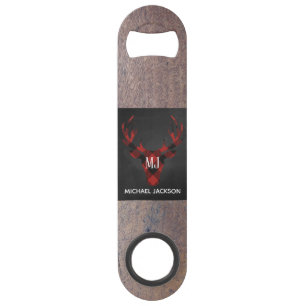 Red Buffalo Plaid Deer Head Monogram Speed Bottle Opener