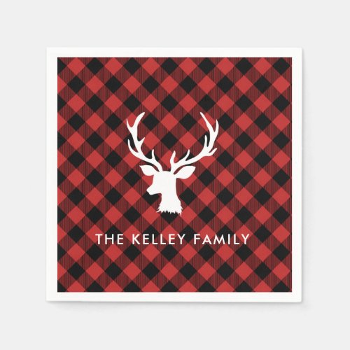 Red Buffalo Plaid Deer Head White Custom Napkins