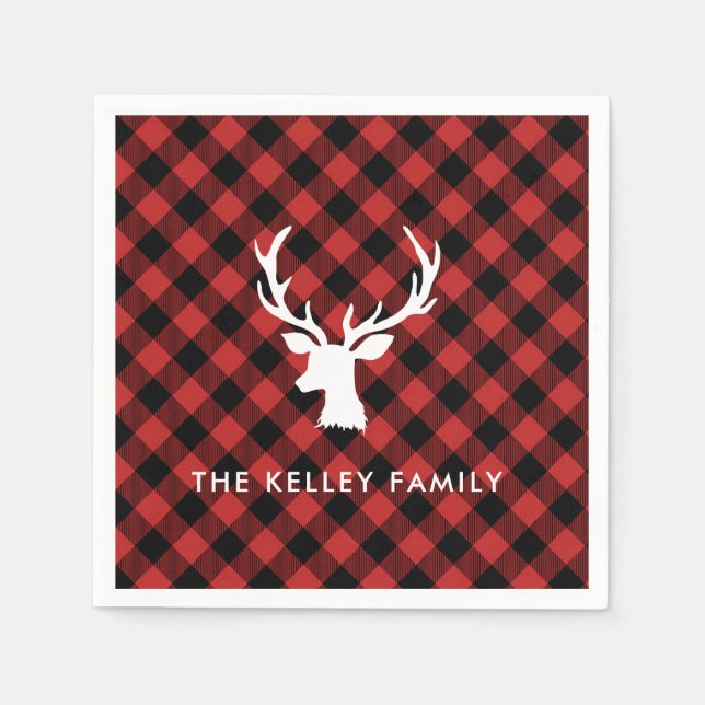 Red Buffalo Plaid Deer Head White Custom Napkins (Front)
