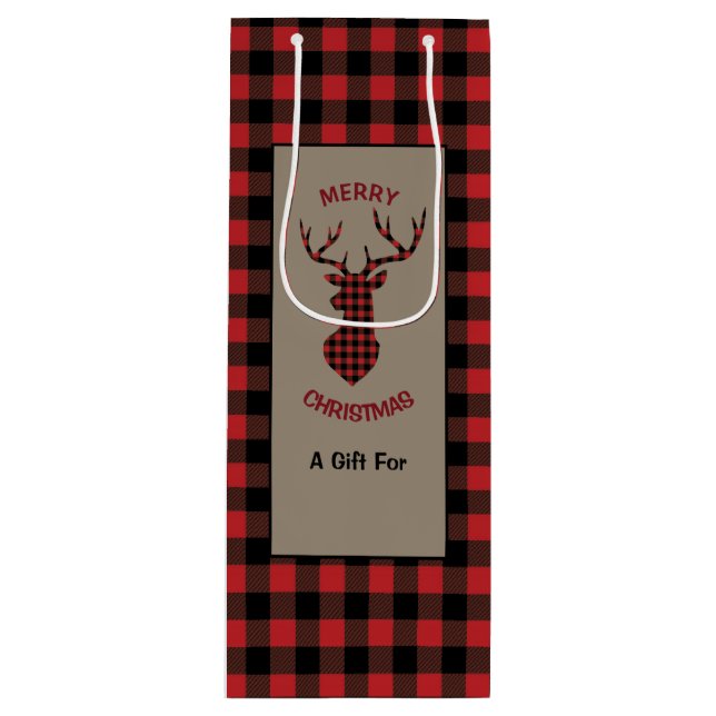 Red Buffalo Plaid Deer Head Wine Gift Bag (Front)