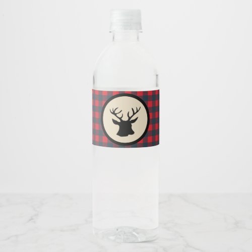 Red Buffalo Plaid Deer Lumberjack Birthday Party Water Bottle Label