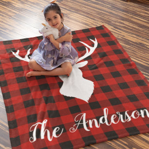 Red Buffalo Plaid & Deer Personal Name Gift Baby Blanket
