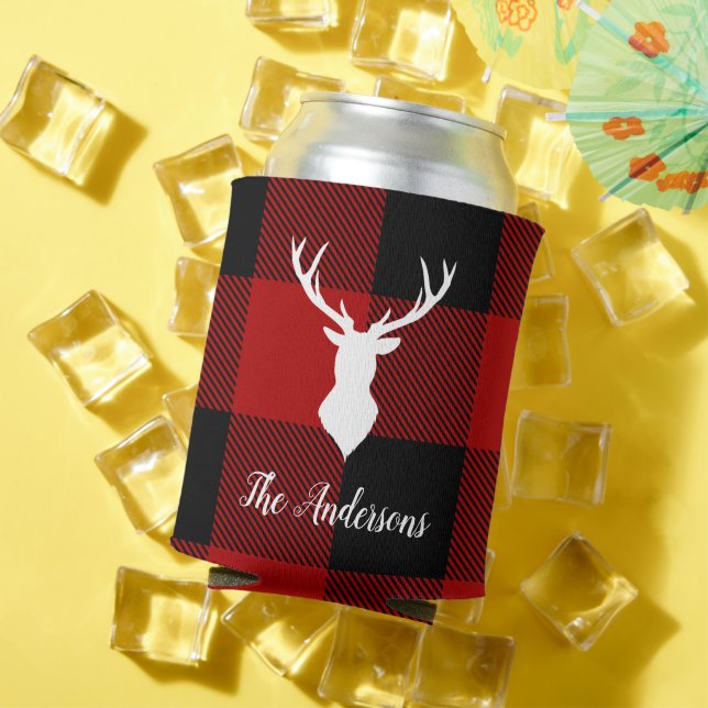Red Buffalo Plaid & Deer | Personal Name Gift Can Cooler (In Situ Summer)