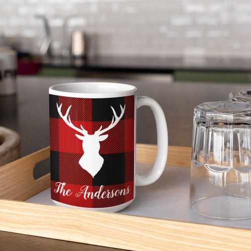 Red Buffalo Plaid  Deer  Personal Name Gift Coffee Mug