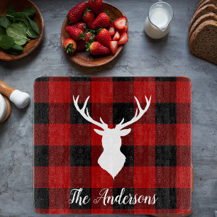 Red Buffalo Plaid & Deer Personal Name Gift Cutting Board