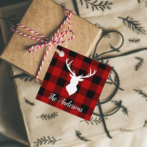 Red Buffalo Plaid  Deer  Personal Name Gift Favor Tags