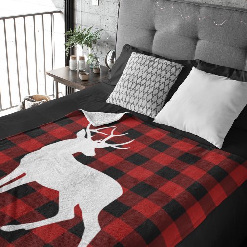 Red Buffalo Plaid  Deer  Personal Name Gift Fleece Blanket