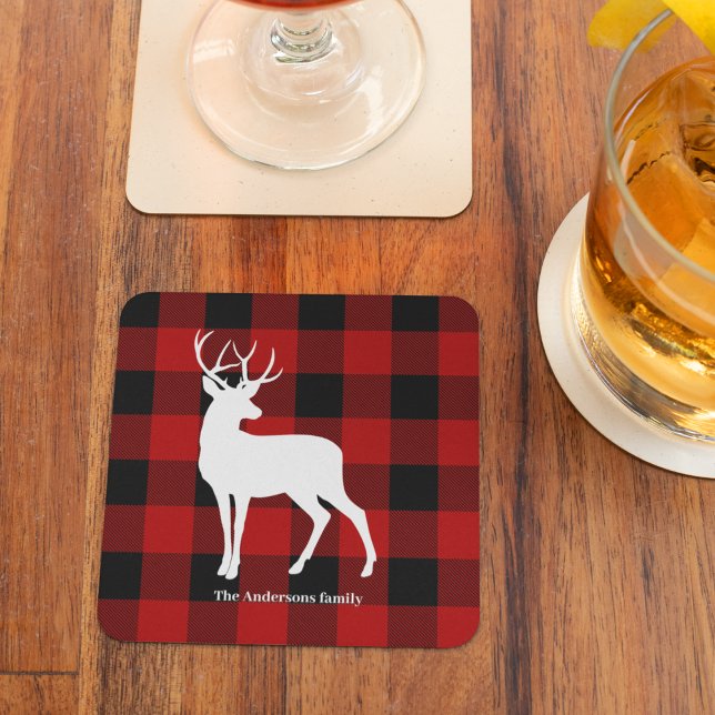Red Buffalo Plaid & Deer | Personal Name Gift Glass Coaster (Creator Uploaded)