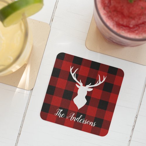 Red Buffalo Plaid  Deer  Personal Name Gift Glass Coaster