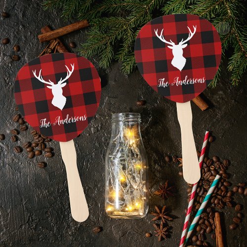 Red Buffalo Plaid  Deer  Personal Name Gift Hand Fan