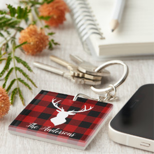 Red Buffalo Plaid & Deer   Personal Name Gift Keychain