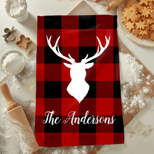 Red Buffalo Plaid & Deer Personal Name Gift Kitchen Towel