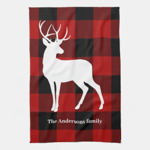 Red Buffalo Plaid & Deer Personal Name Gift Kitchen Towel
