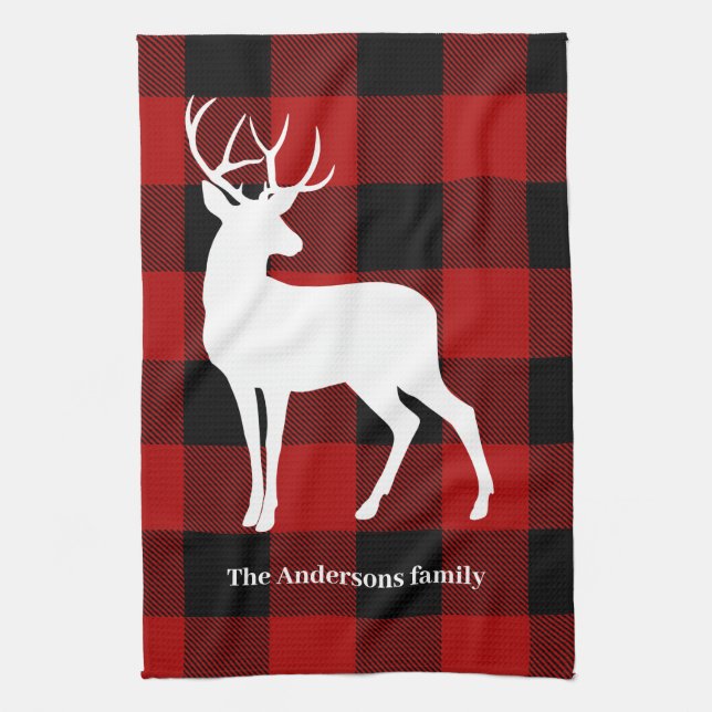 Red Buffalo Plaid & Deer | Personal Name Gift Kitchen Towel (Vertical)