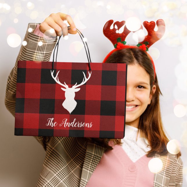 Red Buffalo Plaid & Deer | Personal Name Gift Large Gift Bag (Creator Uploaded)