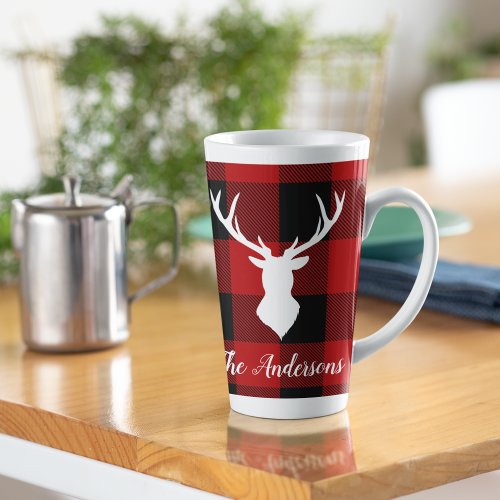 Red Buffalo Plaid  Deer  Personal Name Gift Latte Mug