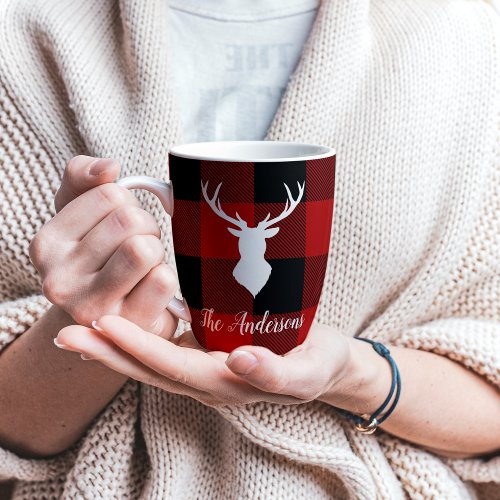 Red Buffalo Plaid  Deer  Personal Name Gift Latte Mug