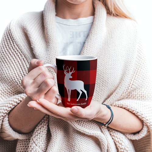 Red Buffalo Plaid  Deer  Personal Name Gift Latte Mug