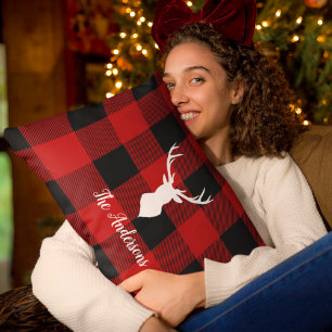 Red Buffalo Plaid & Deer Personal Name Gift Lumbar Pillow