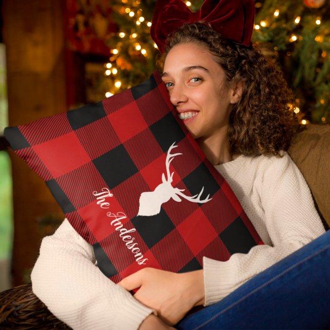 Red Buffalo Plaid & Deer | Personal Name Gift Lumbar Pillow (Creator Uploaded)