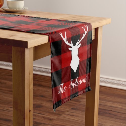 Red Buffalo Plaid  Deer  Personal Name Gift Medium Table Runner