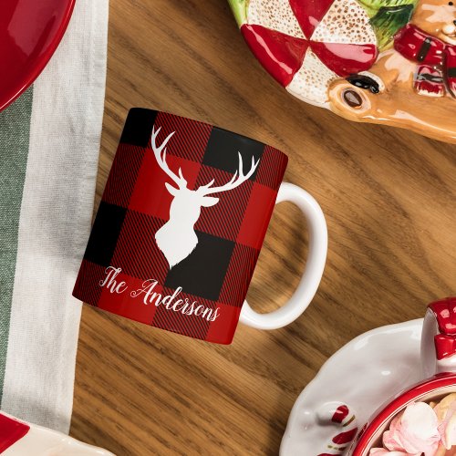 Red Buffalo Plaid  Deer  Personal Name Gift Mug