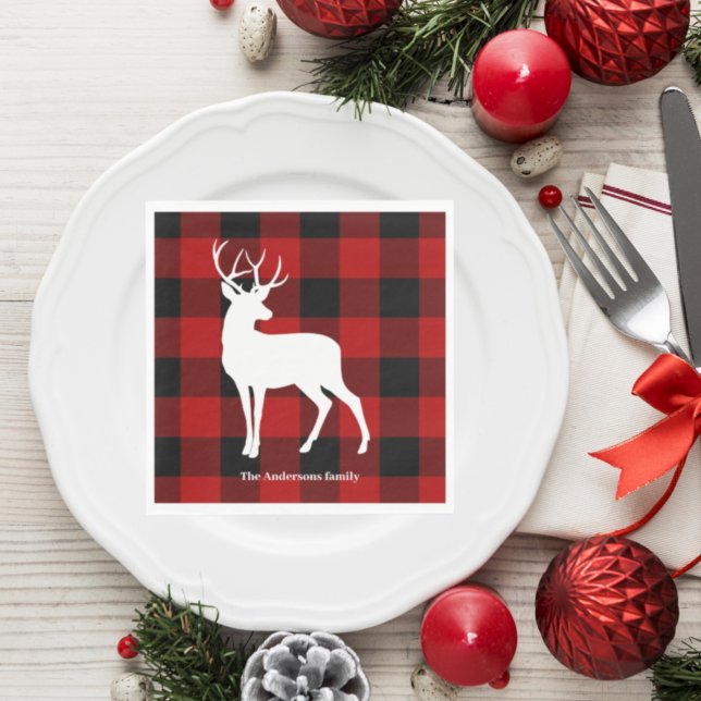 Red Buffalo Plaid & Deer | Personal Name Gift Napkins (Creator Uploaded)