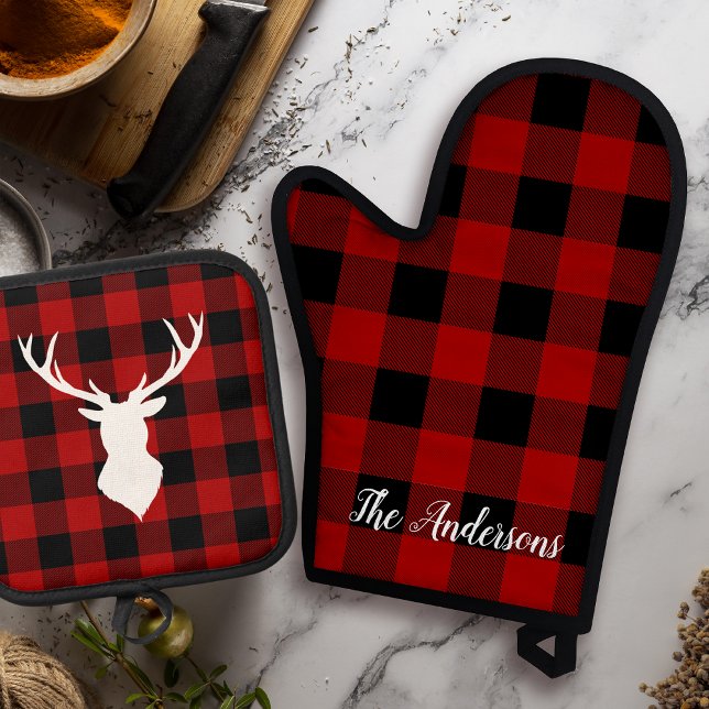 Red Buffalo Plaid & Deer | Personal Name Gift Oven Mitt & Pot Holder Set (Creator Uploaded)