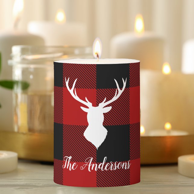 Red Buffalo Plaid & Deer | Personal Name Gift Pillar Candle (Creator Uploaded)